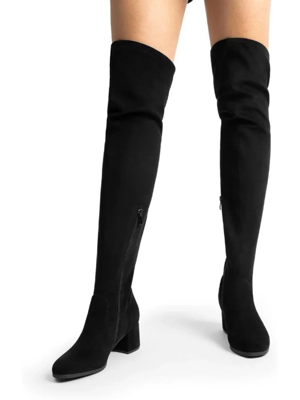 Women's Black Suede Faux Suede Fall Chunky Heel Over The Knee Thigh High Boots